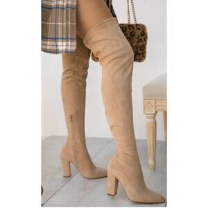 Guess Over Knee Boots Sz 8 TAN Nude High Block Heel Gold Zip w BOX Dressy Glam